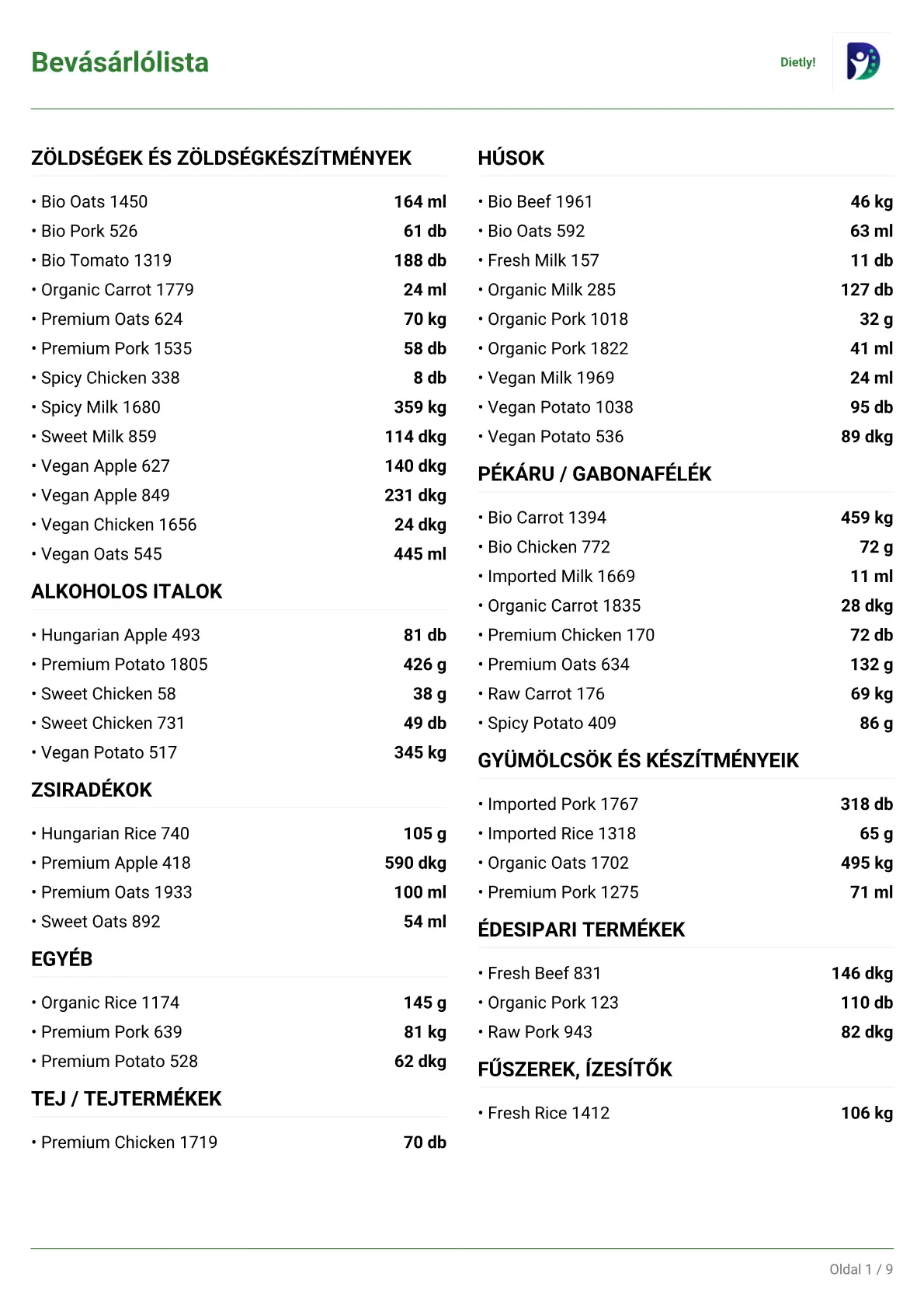 Egy exportált heti étrend első oldala: A4-es PDF a páciens nevével, a hét napjaival és az étkezések tápértékeivel.